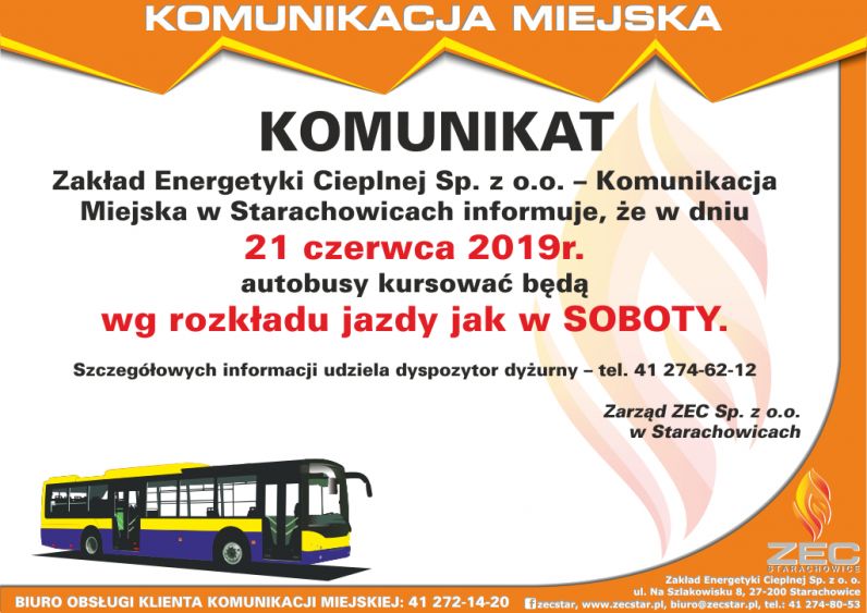 infomacja o kursach autobusów 21 czerwca 2019